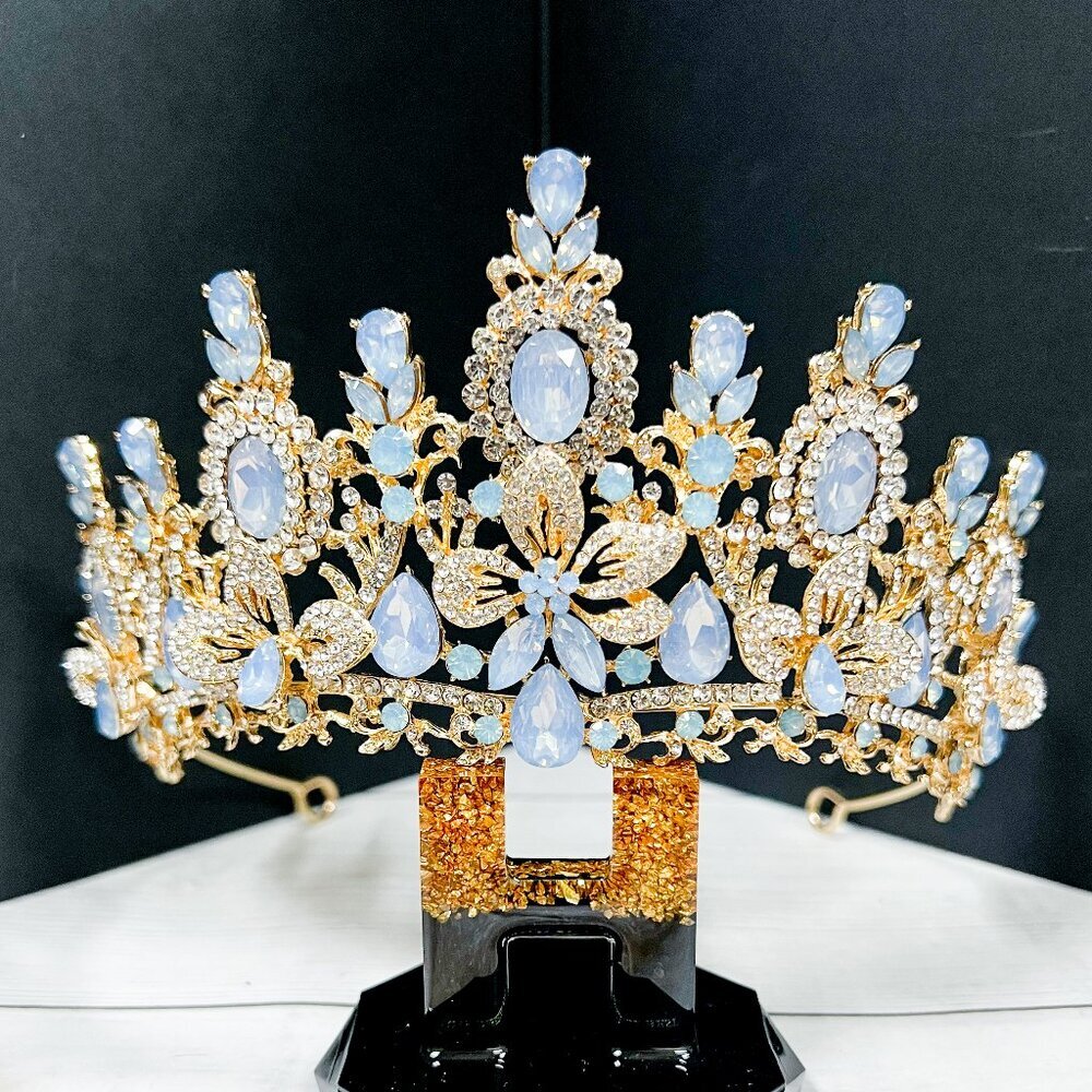 Flower Crown, Gemstone Crown, Gold crown, Blue Gemstone crown, Goddess crown - Picture 1 of 6